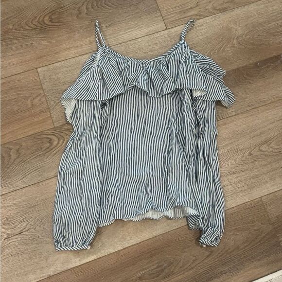 Soprano Thin Blue and White Stripe Cold Shoulder Ruffle Top - Picture 5 of 5